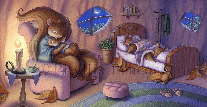By Phyllis Peacock, phyllis peacock, candle, art, squirrel, sleep, window, bed, cute, drawing, nature, child, HD wallpaper