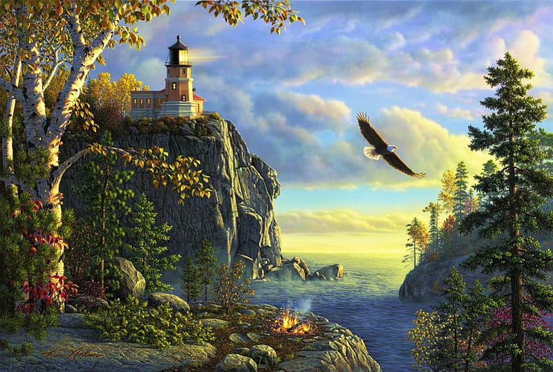 Guiding Light, painting, eagle, cliff, trees, lighthouse, sea, HD wallpaper