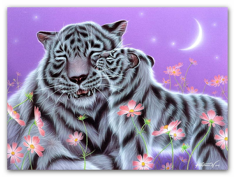 I love you, Mom!, pink, night, animal, art, luminos, kentaro nishino, moon, tiger, cute, fantasy, moon, cub, tigru, HD wallpaper