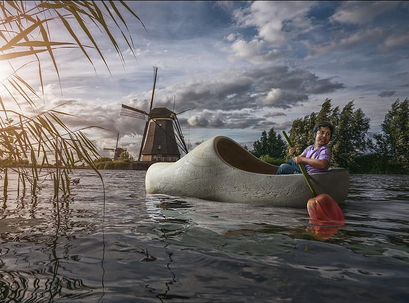 :), mill, creative, holland, situation, boy, boat, fantasy, water, summer, flower, copil, child, shoe, funny, tulip, HD wallpaper