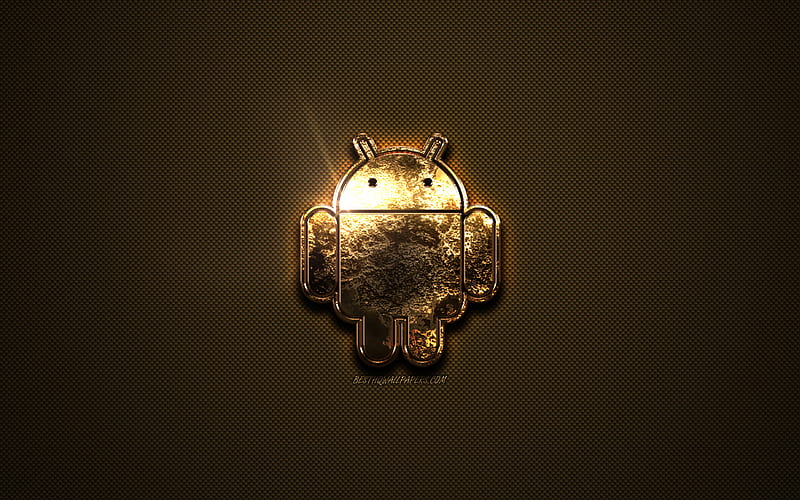 Android gold logo, creative art, gold texture, brown carbon fiber texture, Android gold emblem, Android, HD wallpaper