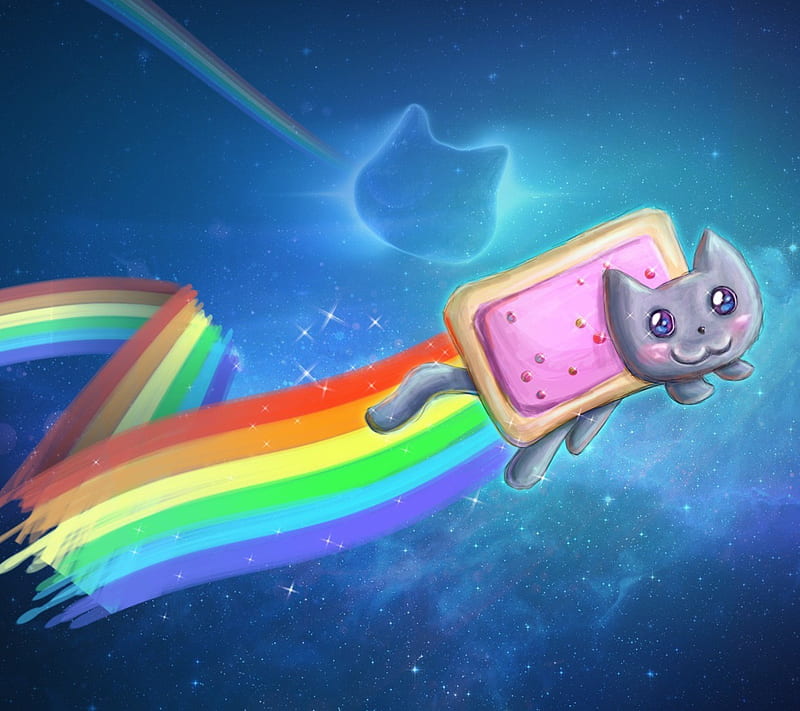 Nyan Cat, blue, bow, cat, color, colors, funny, nyan, rain, sky, smile, HD wallpaper