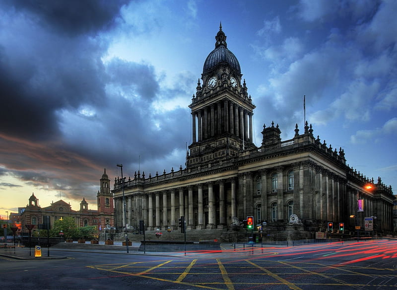 clouds, lights, clock tower, city, architecture, building, leeds, city hall, town square, england, long exposure, area, HD wallpaper