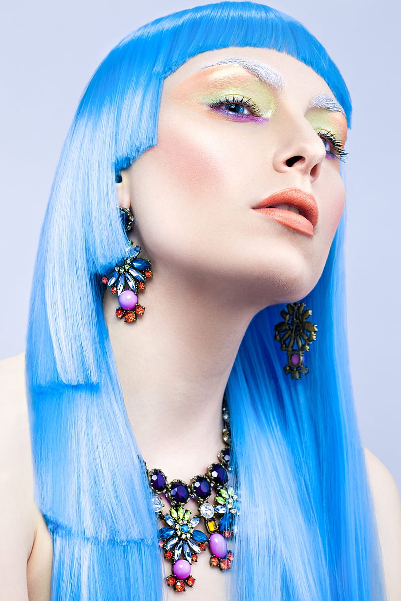 Martin Strauss, face, blue hair, portrait, , women, model, makeup, HD phone wallpaper