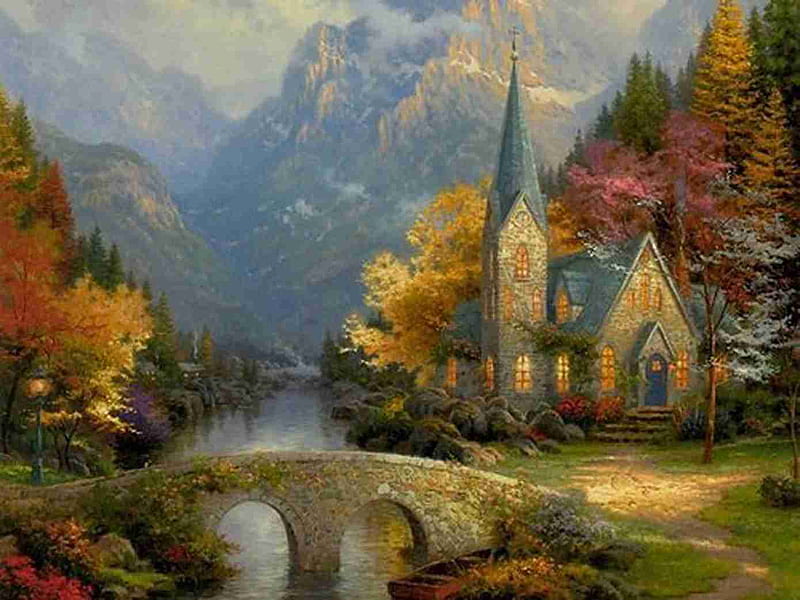 Little Church On The River, fall, bridge, mountains, flowers, river, colour, church, trees, HD wallpaper