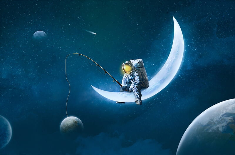 :), luminos, moon, astronaut, mohamed saber, fisherman, cosmonaut, sky, moon, fantasy, planet, night, HD wallpaper
