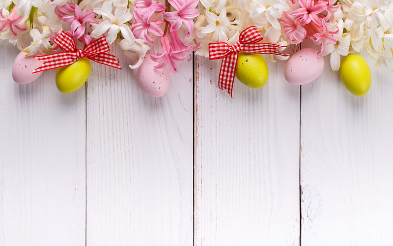 Happy Easter!, hyacinth, egg, flower, easter, pink, white, wood, card, HD wallpaper