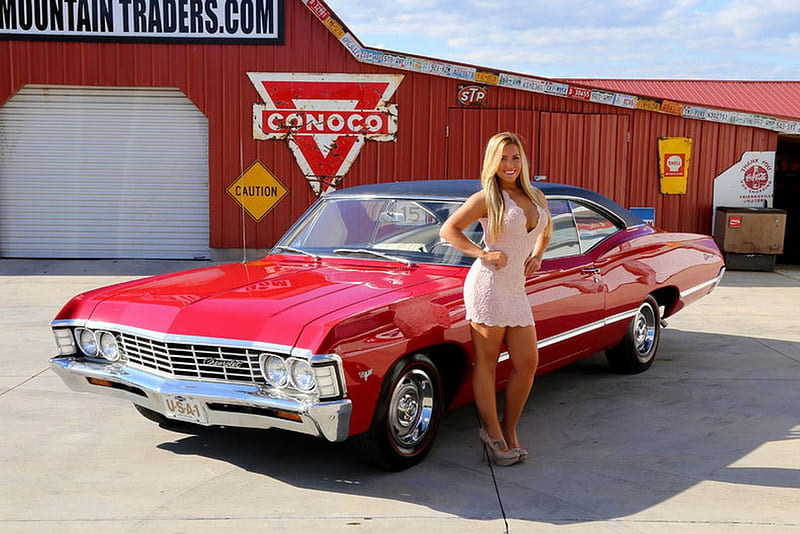 1967 Chevy Impala 283 Automatic and Girl, Red, 283, Muscle, Impala, Old-Timer, Automatic, Car, Chevy, Girl, HD wallpaper