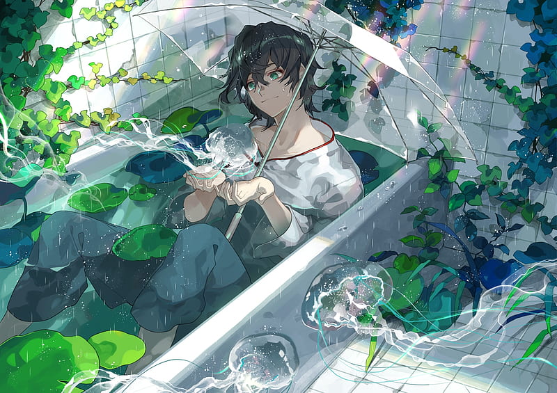 Jellyfish, medusa, guy, manga, umbrella, bath, man, water, vara, green, bathtub, anime, summer, rain, blue, kyouichi, HD wallpaper