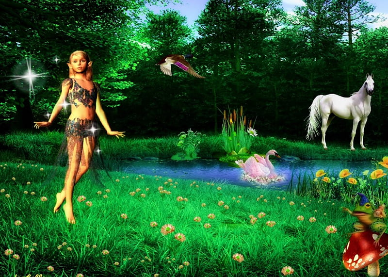 Once upon a Time , Mushroom, Woods, Grass, Horse, Fairy Tale, Goose, Lake, Flowers, Swan, Once upon a Time, Frog, Sky, Plants, Meadow, trees, Fantasy, Magic, Clouds, HD wallpaper