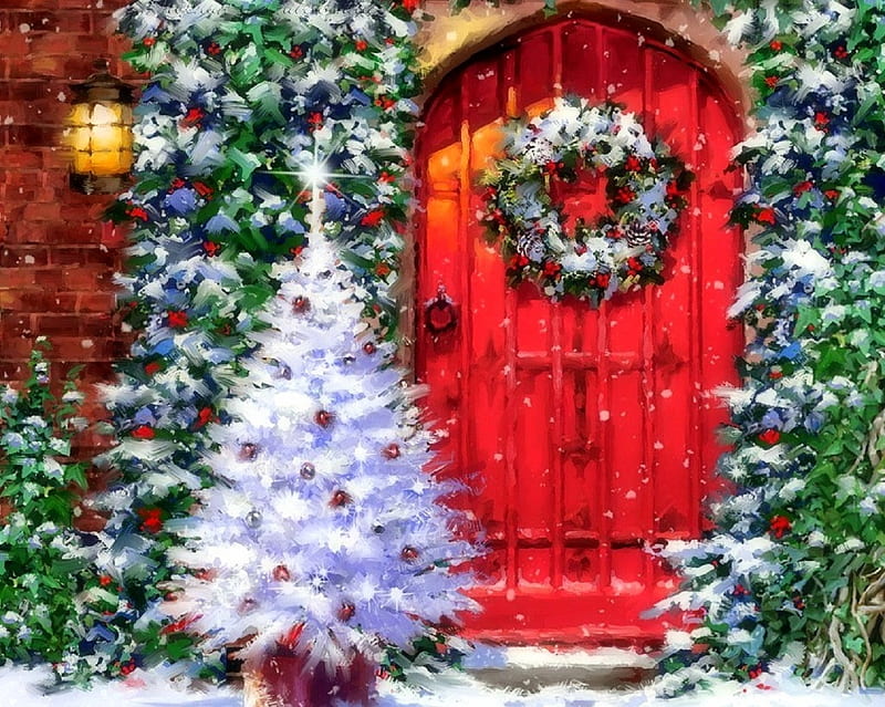 Christmas Red Door, Christmas, wreath, holidays, Christmas Tree, love four seasons, attractions in dreams, xmas and new year, winter, paintings, snow, red door, HD wallpaper
