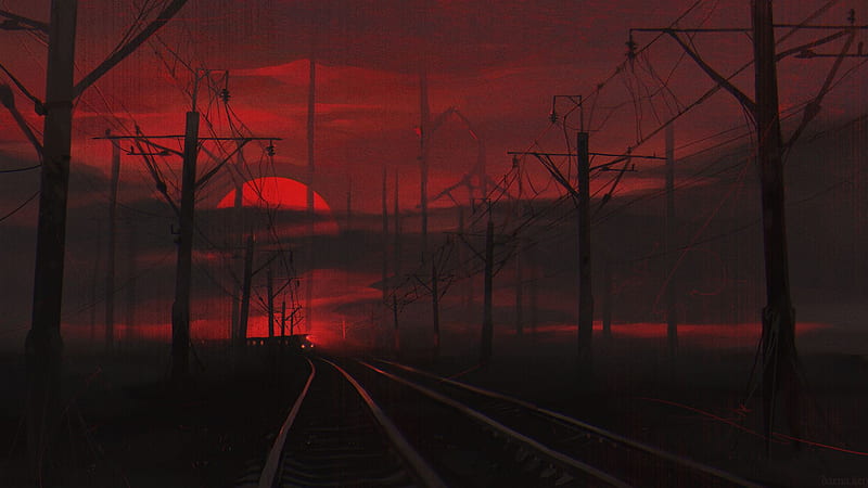 Railway Track With Red Sunset Background Red Aesthetic, HD wallpaper