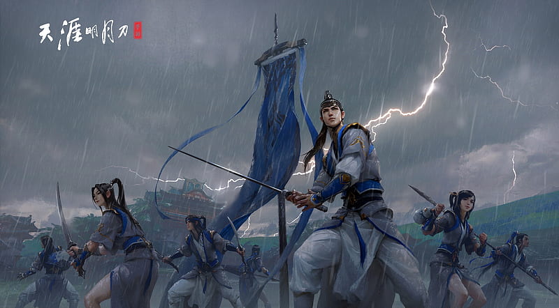 The lightning, lightning, xiaoyu wang, warrior, battle, fantasy, man, HD wallpaper