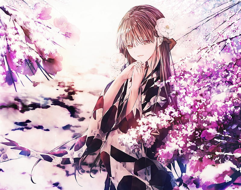 beautiful anime girl, kimono, cherry blossom, long hair, polychromatic, Anime, HD wallpaper