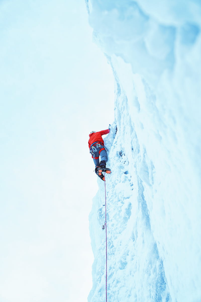 person wearing red jacket climbing on glacier, HD phone wallpaper