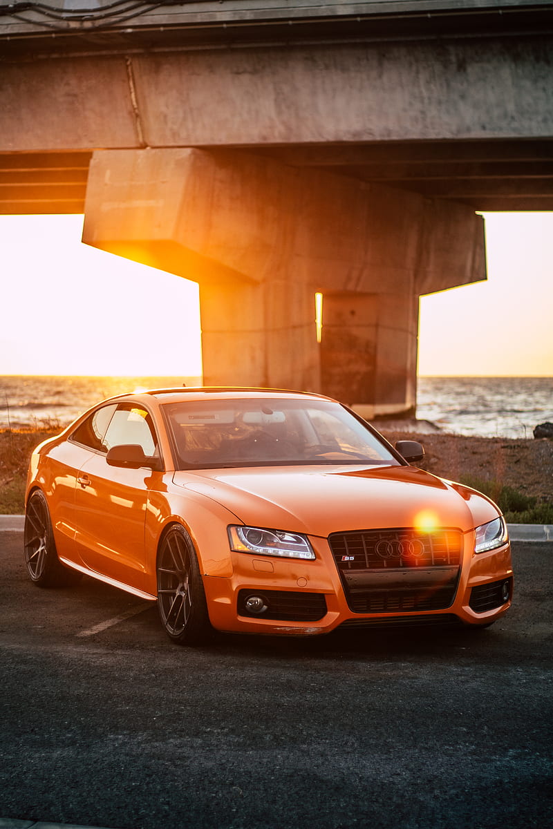 orange Audi coupe parked on gray concrete road, HD phone wallpaper