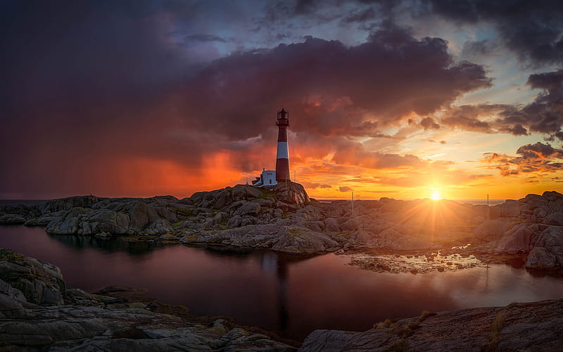 sunset, evening, coast, lighthouse, seascape, sea, HD wallpaper