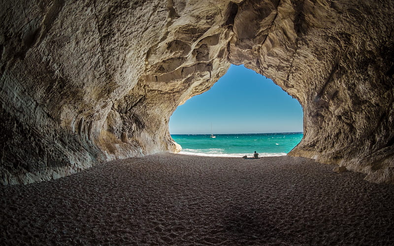 beautiful grotto, seascape, Mediterranean Sea, coast, cliff, white yacht, Italy, artificial cave, HD wallpaper