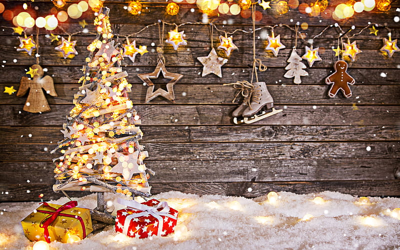 Christmas tree, gift boxes, christmas lights, New Year tree, Happy New Year, winter, xmas tree, Christmas, HD wallpaper