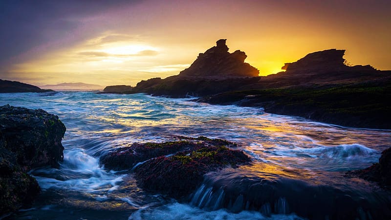 A stormy seaside sunset, Nambucca Heads, NSW, sky, australia, rocks, sea, colors, clouds, HD wallpaper