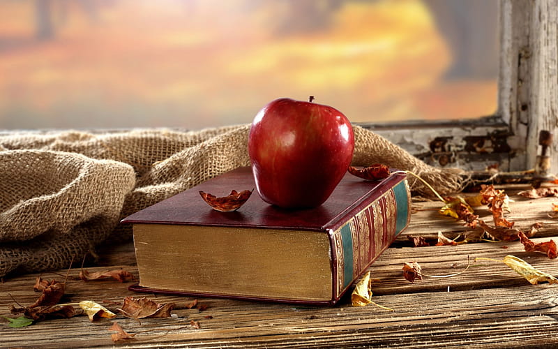 Book, apple, red, brown, books, apples, leave, red apple, old, old book, leaves, dry leaves, old books, desk, dry leave, wood, HD wallpaper