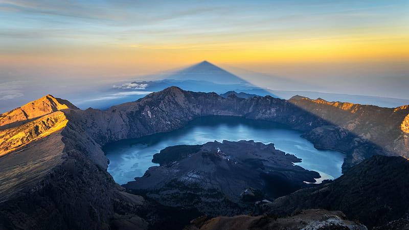 From Top of Mount Rinjani, Lombok Island, Indonesia, water, sunset, sky, landscape, colors, HD wallpaper