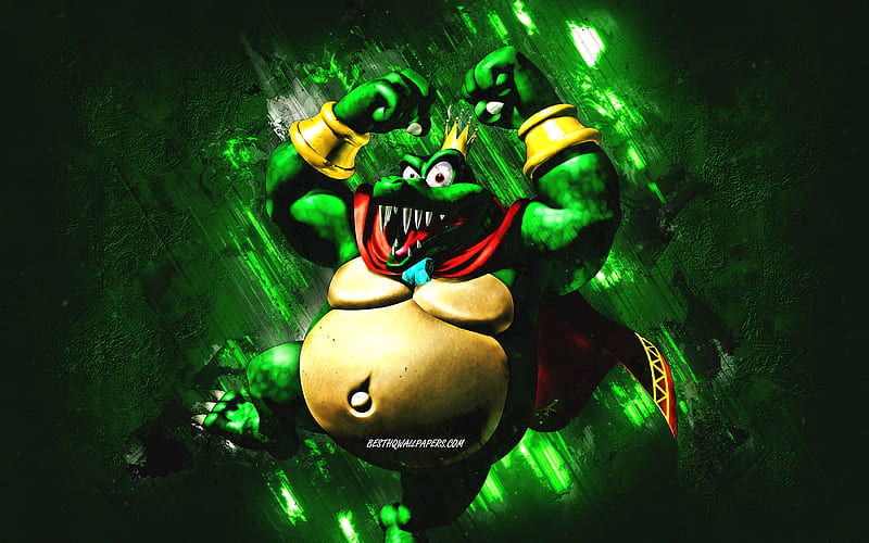 King K Rool, Super Mario, Mario Party Star Rush, characters, green stone background, Super Mario main characters, King K Rool Super Mario, HD wallpaper