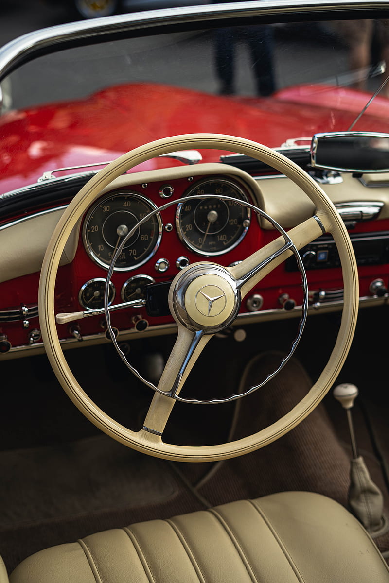 mercedes, car, retro, vintage, steering wheel, HD phone wallpaper