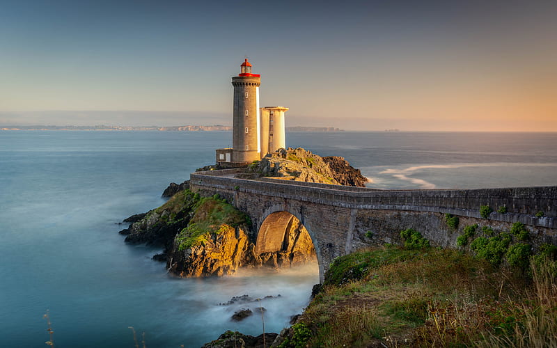 Phare du Petit Minou, Petit Minou Lighthouse, coast, evening, sunset, lighthouse, Brest, France, HD wallpaper