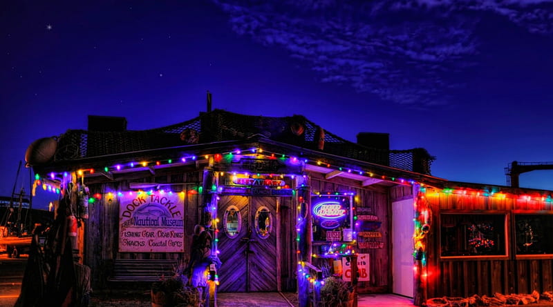seafood restaurant in oregon on a holiday night r, seafood, restaurant, christmas, r, lights, night, HD wallpaper