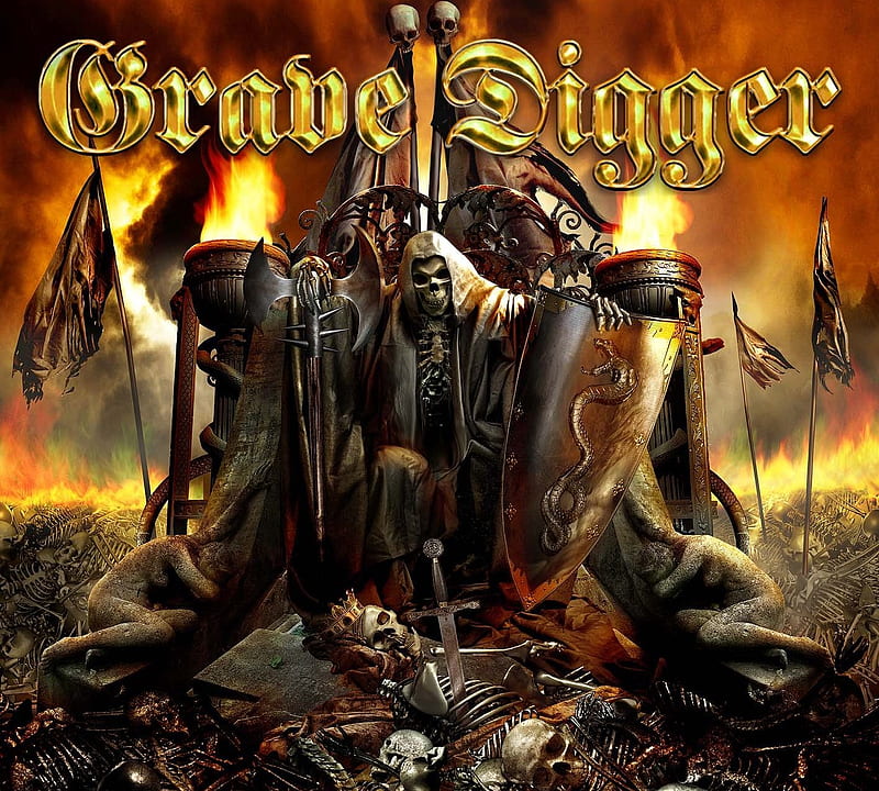Grave Digger - Liberty or Death, skeleton, death, music, band, shield, flag, axe, grave, liberty, metal, logo, digger, heavy, skull, sword, HD wallpaper
