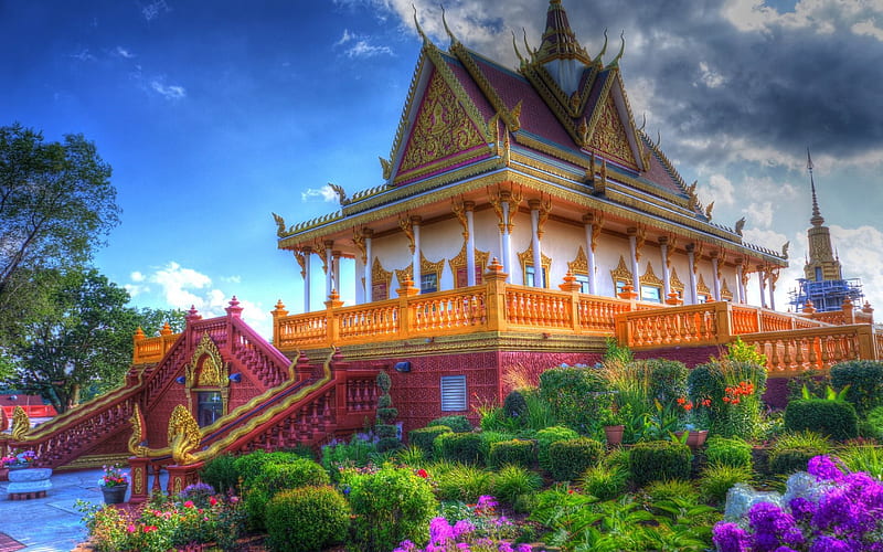 Asia, Buddhist temple, flowers, summer, Thailand, R, HD wallpaper