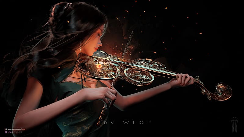 :), instrument, black, fantasy, art, luminos, girl, violin, HD wallpaper