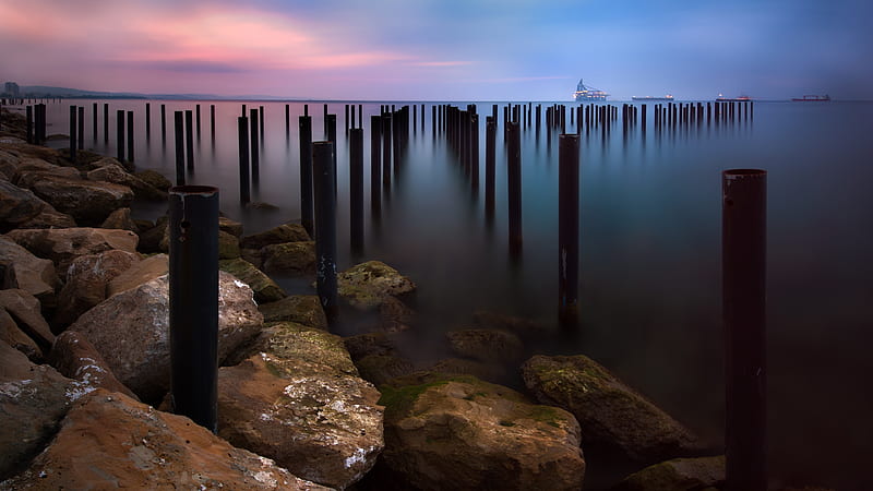 ocean, horizon, stones, ship, evening, scenic, Nature, HD wallpaper