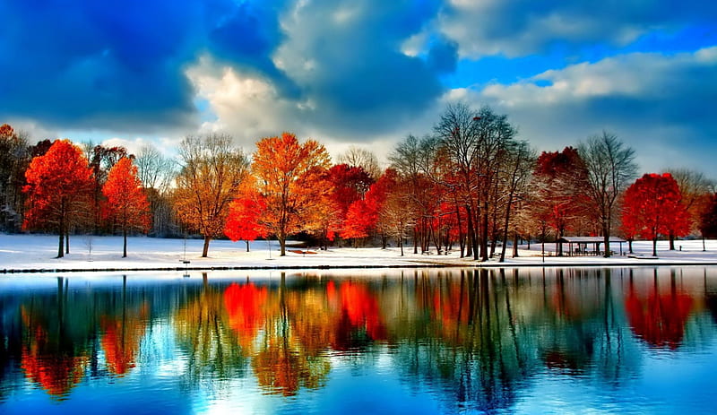 Snowy Late Autumn, autumn, colors, bonito, trees, sky, snowy, late, river, reflections, blue, HD wallpaper