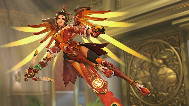 Mercy, red, pretty, games, videogames, female, wings, angel, dog year, woman, Overwatch, armor, beauty, lady, HD wallpaper