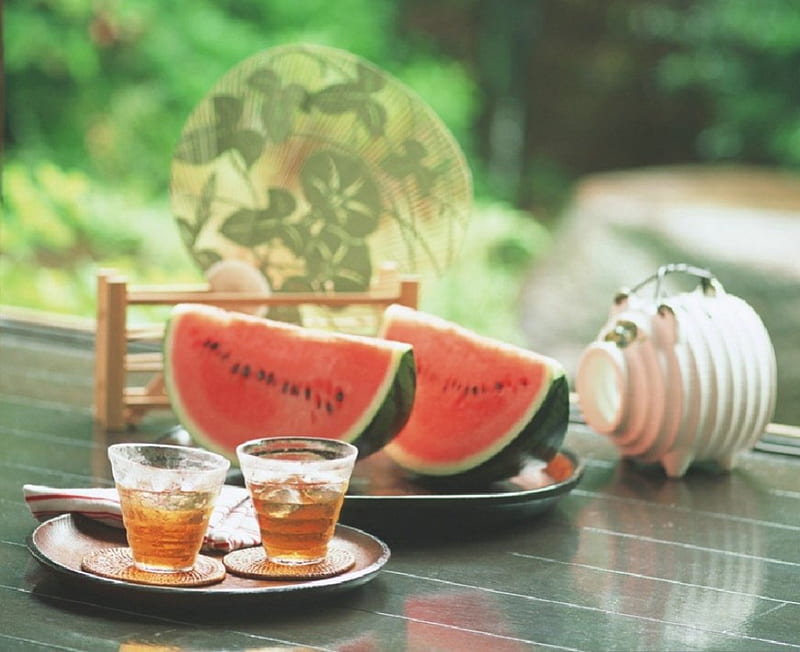 watermelon and ice tea, still life, abstract, watermelon, ice tea, HD wallpaper