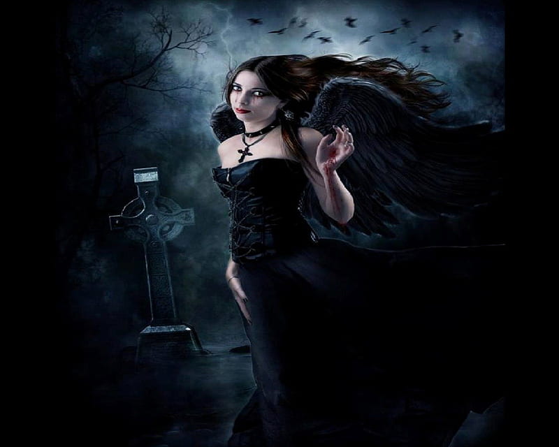 Goth Angel, gothic, angel, birds, grave, blood, HD wallpaper