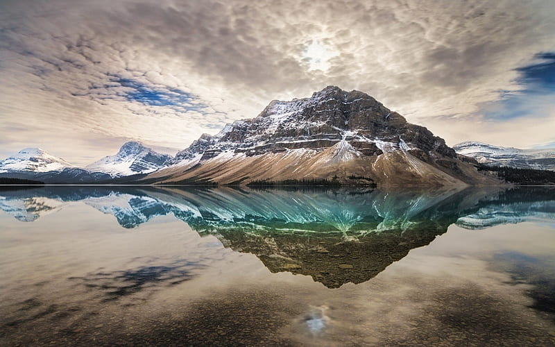 water, snowy peak, lake, calm, mountains, reflection, canada, landscape, rocky mountains, HD wallpaper