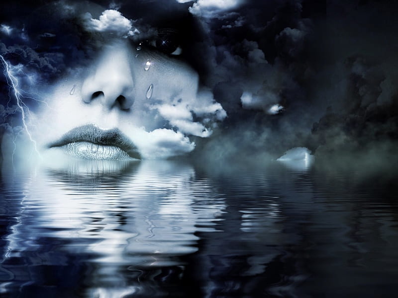 My Love My Sorrow!!, fantasy, water, thunder, clouds, lips, sky, storm, woman, HD wallpaper