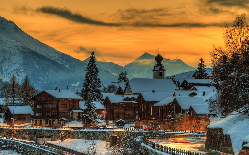 Switzerland sunset, mountains, winter, Europe, HD wallpaper