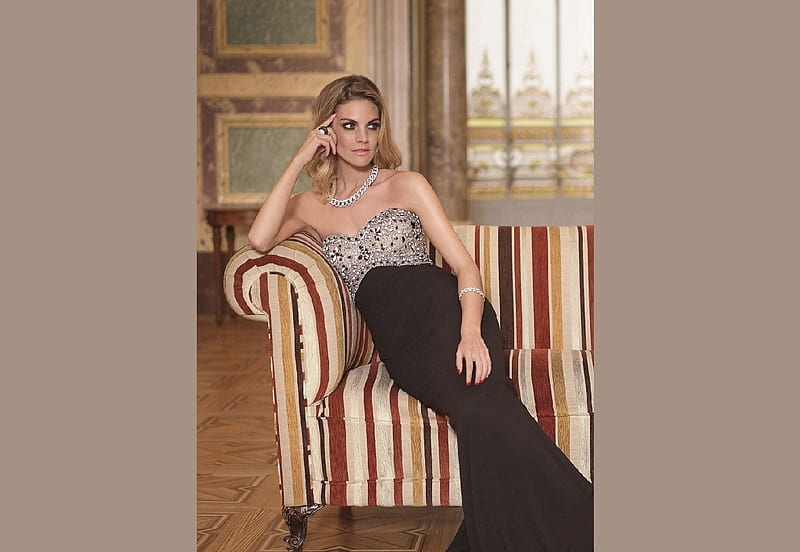 Amaia Salamanca, marble floors, jewelry, window, columns, black, sequin top, brunette, walls, sitting on couch, matching necklace and bracelet, strapless dress, ring, HD wallpaper