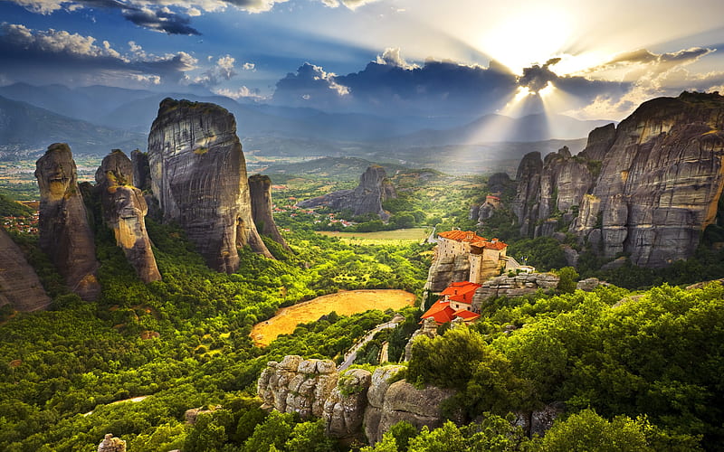 Meteora, mountains, greek landmarks, summer, Greece, Europe, HD wallpaper
