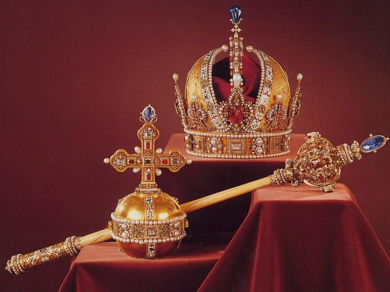 Austrian Crown Jewels, red, gold, jewels, septer, crown, bonito, HD wallpaper