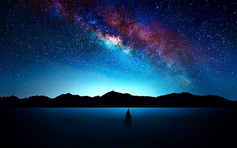 Sailing Under The Stars, Stars, Boat, Sky, Clouds, Sailing, Lake, Night, HD wallpaper