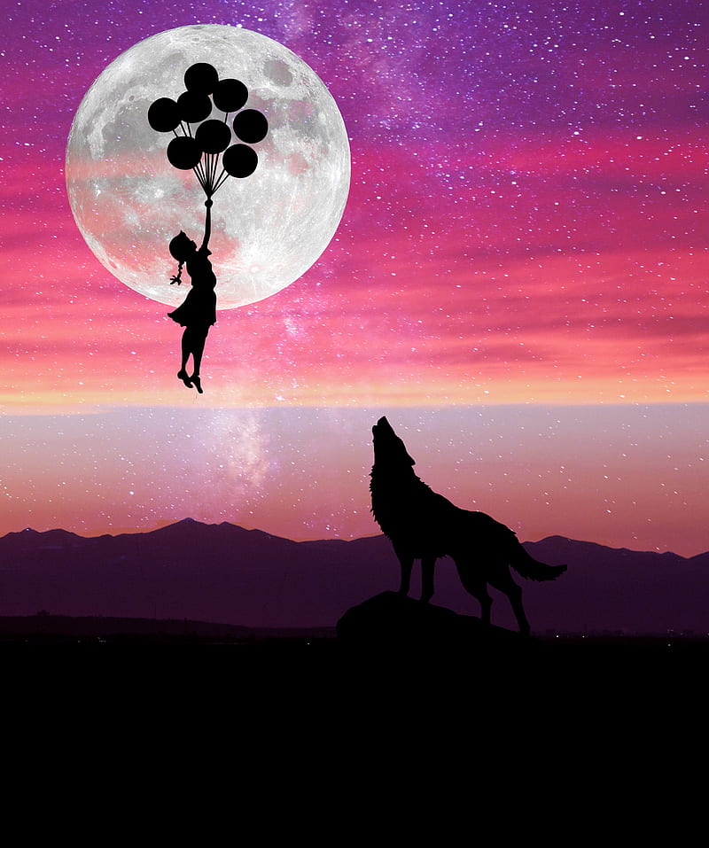 Do not cry for me, away, balloon, far, fly, full, girl, moon, night, stars, wolf, HD phone wallpaper