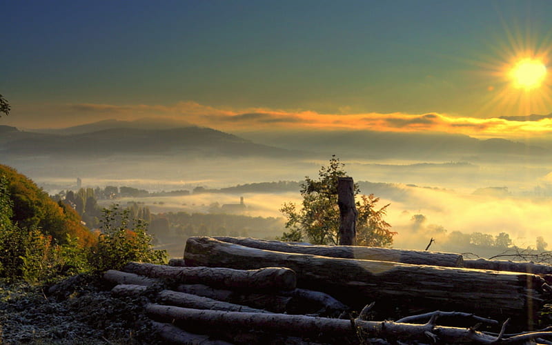 wonderful sunrise over mist valley, logs, farms, sunrise, valley, mist, HD wallpaper