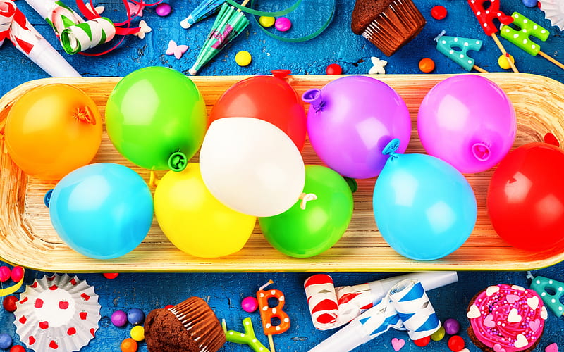Happy Birtay, colorful balloons, holiday decoration, congratulations, cupcakes, Birtay, HD wallpaper