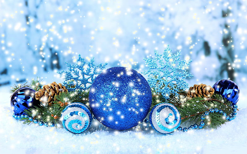 Christmas decoration, blue christmas balls, Christmas, Christmas toys, snow, HD wallpaper