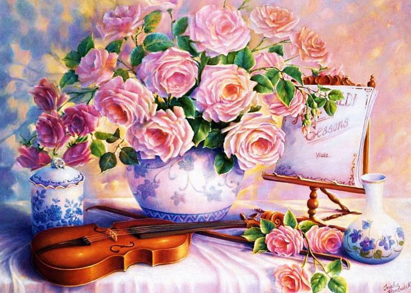 Still Life, violin, flowers, vase, arrangement, roses, artwork, porcelain, HD wallpaper